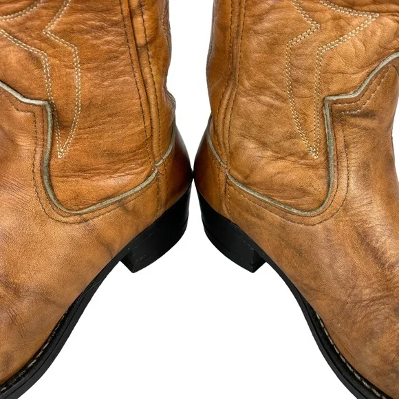 Vintage Cowhide Steel-toe Western Cowboy Brown Leather Boots Stitchwork Mens 8.5 - Picture 10 of 16